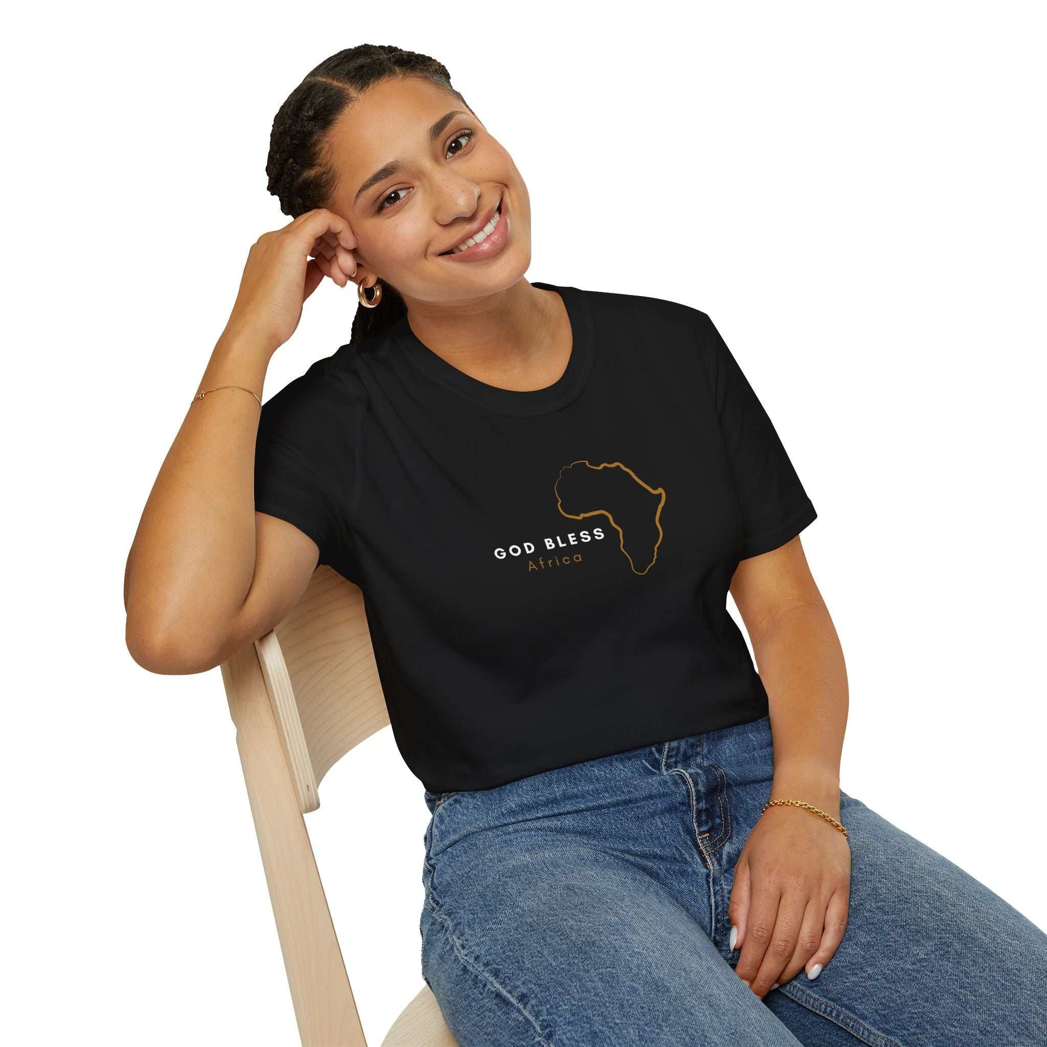 God Bless Africa T-Shirt with gold outline of Africa and text