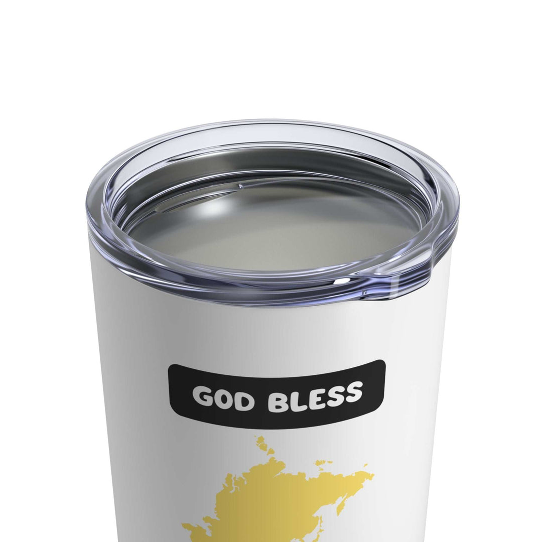God Bless Asia Tumbler with clear push-on lid and rounded corners