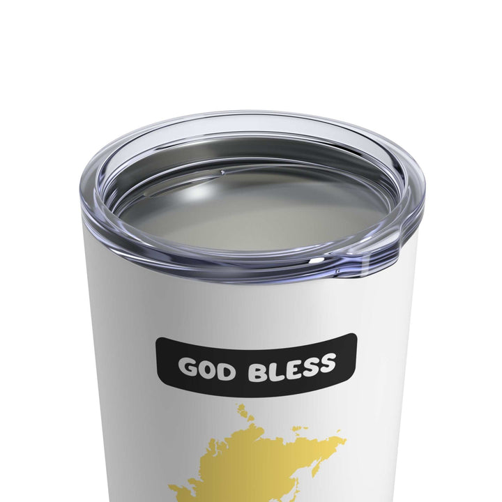 God Bless Asia Tumbler with clear push-on lid and rounded corners