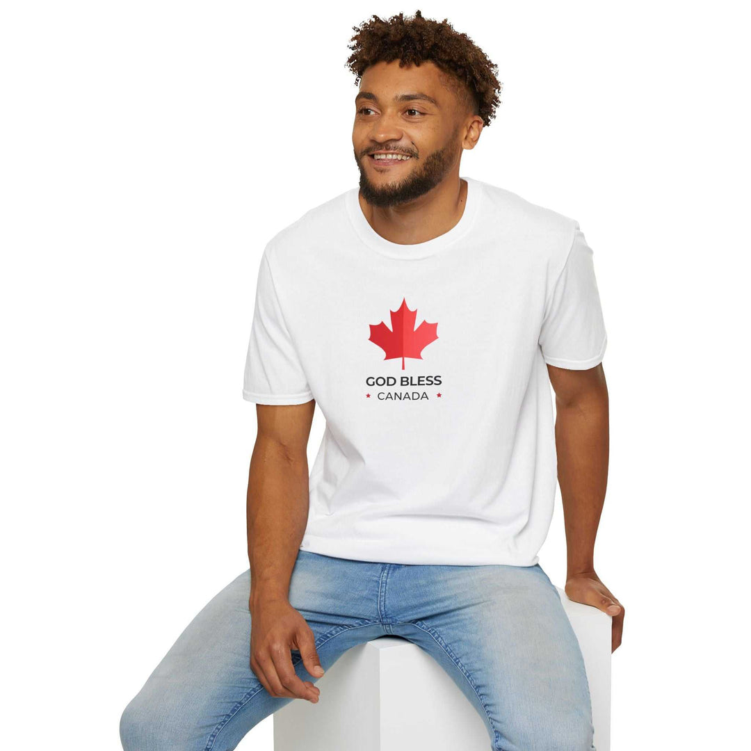 God Bless Canada T-shirt with red maple leaf and text