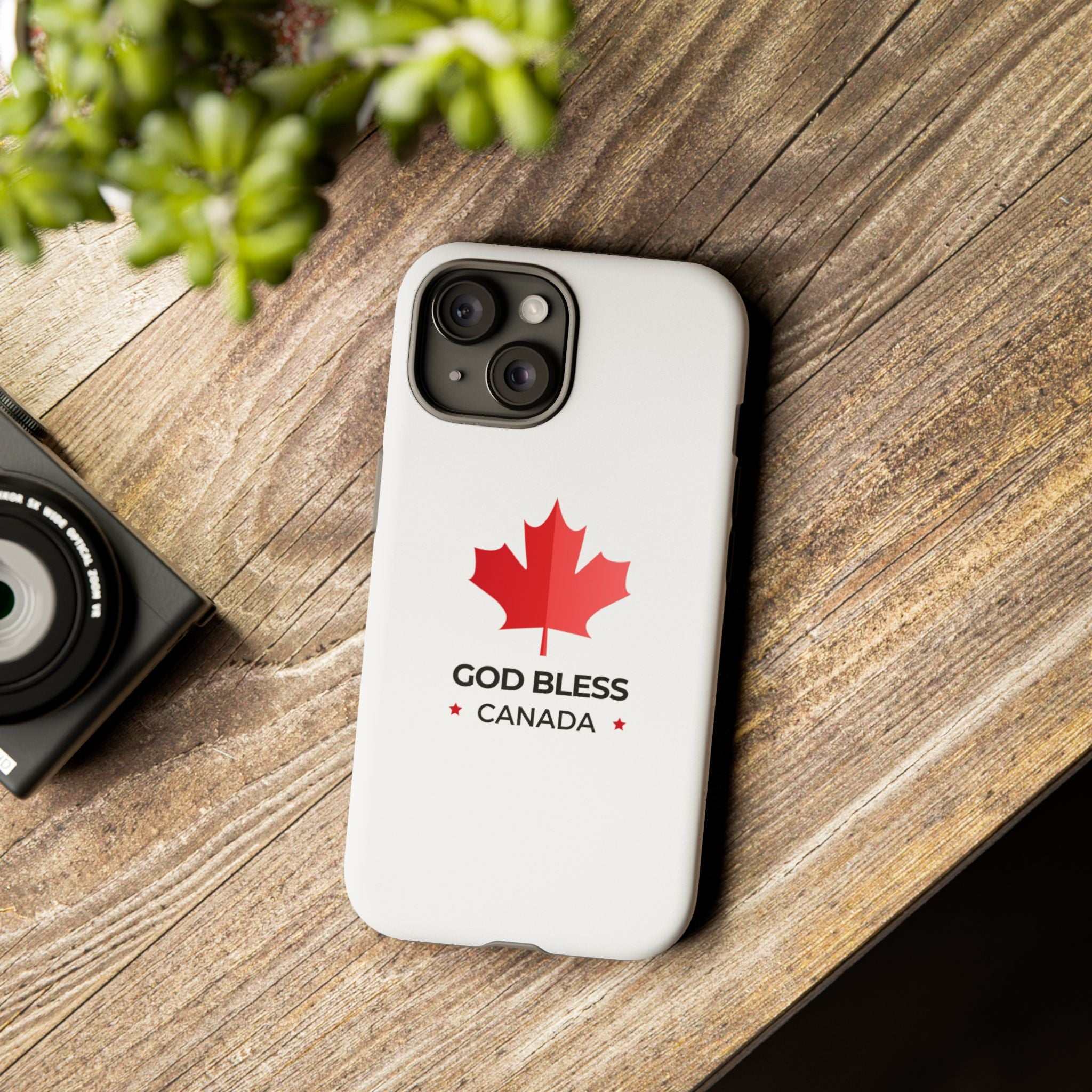 God Bless Canada phone case with red maple leaf design