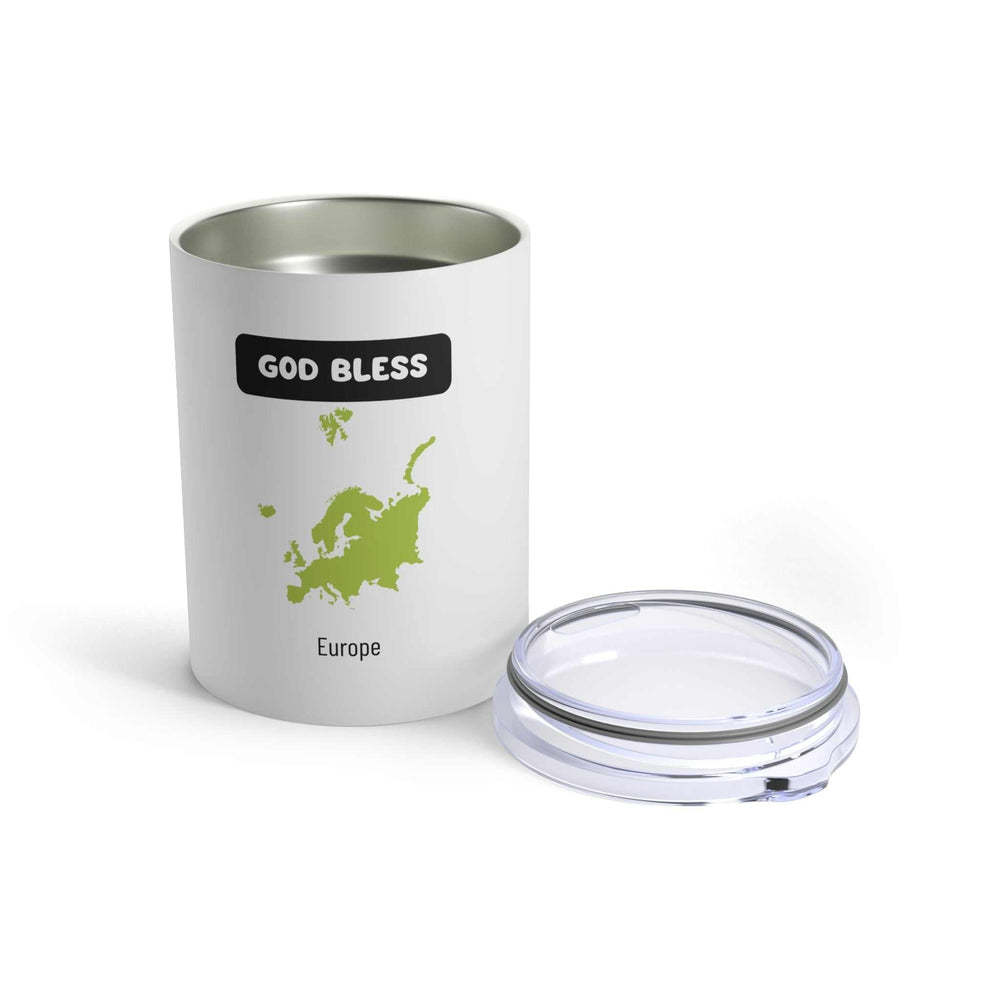 God Bless Europe Tumbler with clear push on lid and green Europe map