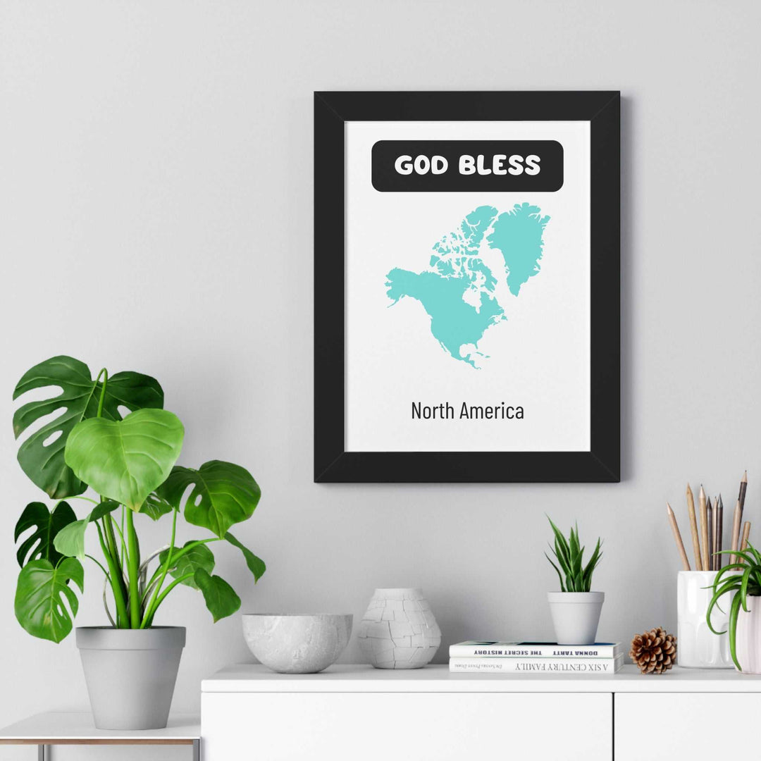 God Bless North America poster with turquoise map and black frame in modern home decor setting