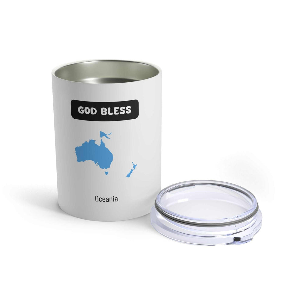 God Bless Oceania tumbler with clear lid and map design