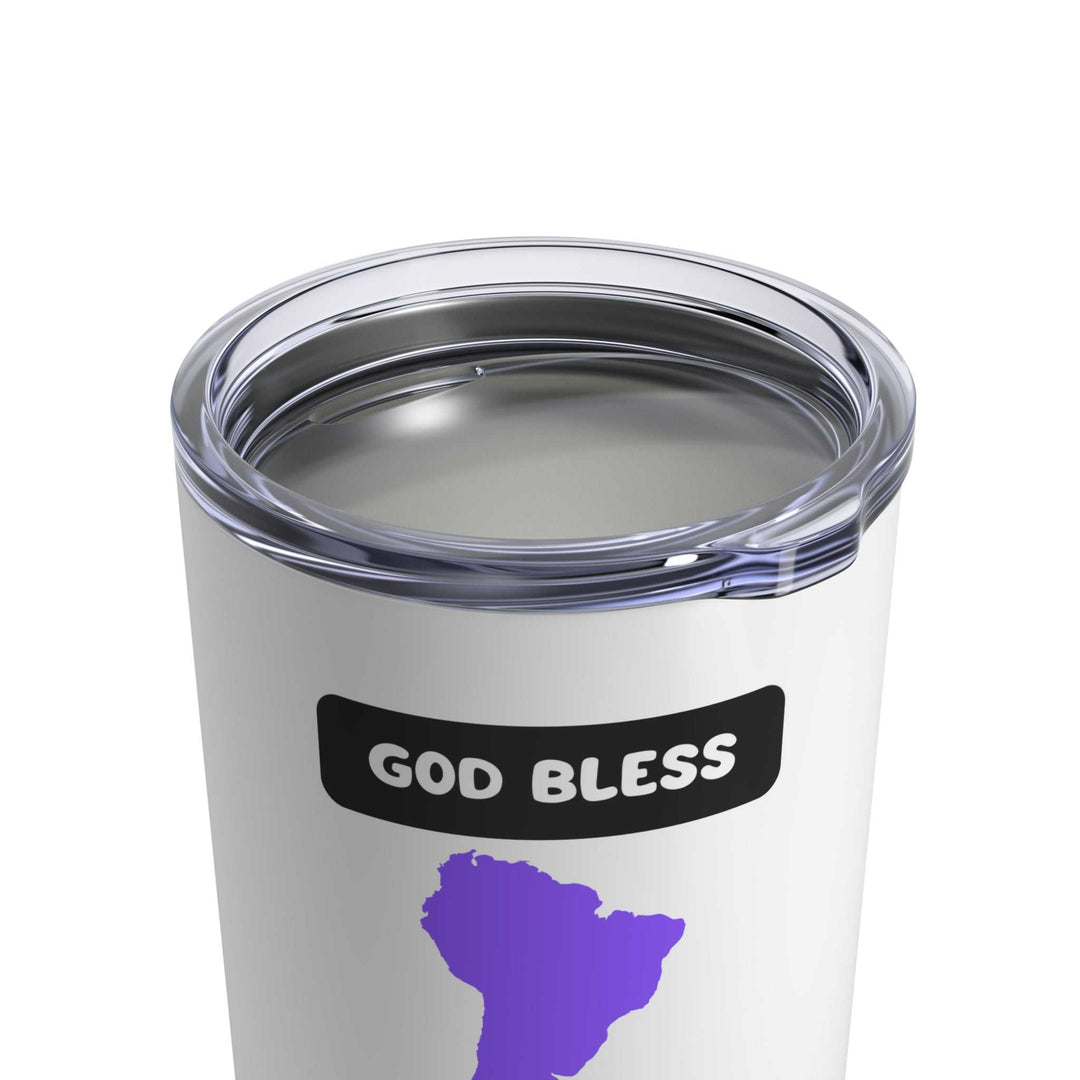 God Bless South America tumbler with clear push lid and purple map