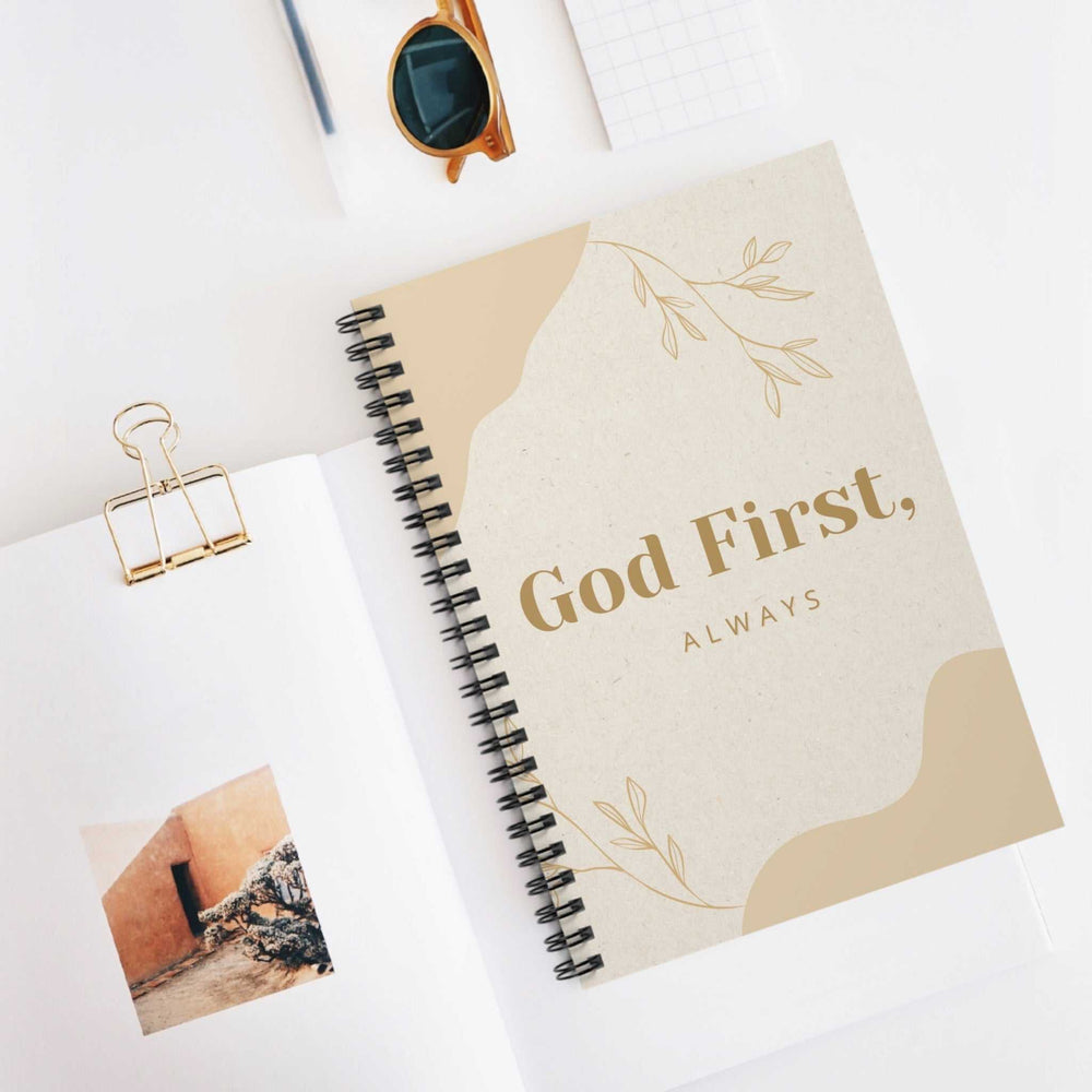 Spiral-bound God First Notebook with beige cover and motivational text for faith journaling