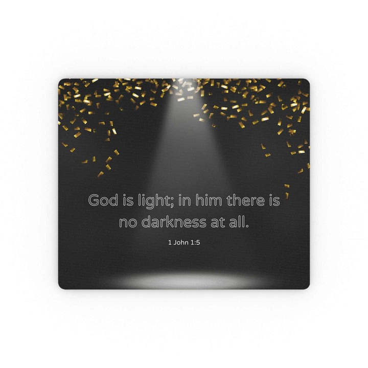 Black mouse pad with gold confetti design and inspirational Bible verse "God is light; in him there is no darkness at all" from 1 John 1:5