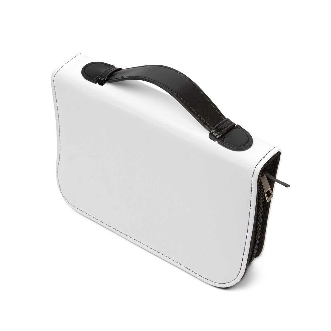 White God Is Love Bible Cover with black handle, zipper, and stitching made of 100% PU leather, designed to protect and carry most Bibles.