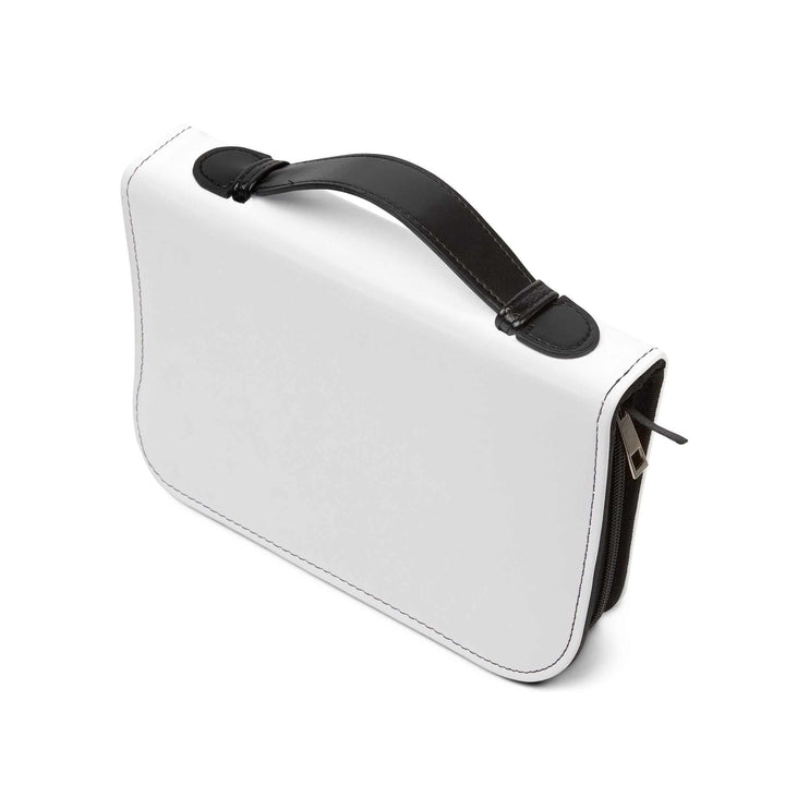 White God Is Love Bible Cover with black handle, zipper, and stitching made of 100% PU leather, designed to protect and carry most Bibles.