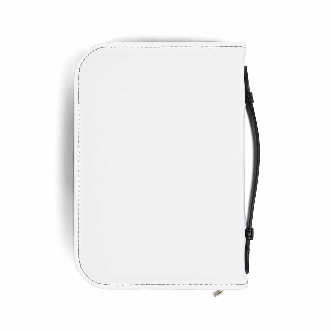 White God Is Love Bible Cover made of PU leather with black handle, stitching, and zipper, designed to protect and inspire faith.