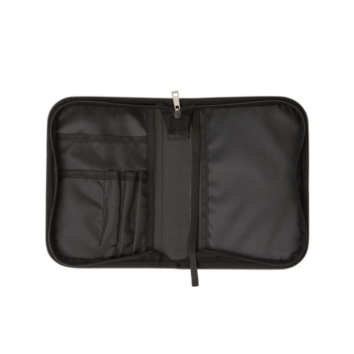 Open black PU leather Bible Cover with interior pockets, black handle, stitching, and zipper for Bible protection and organization