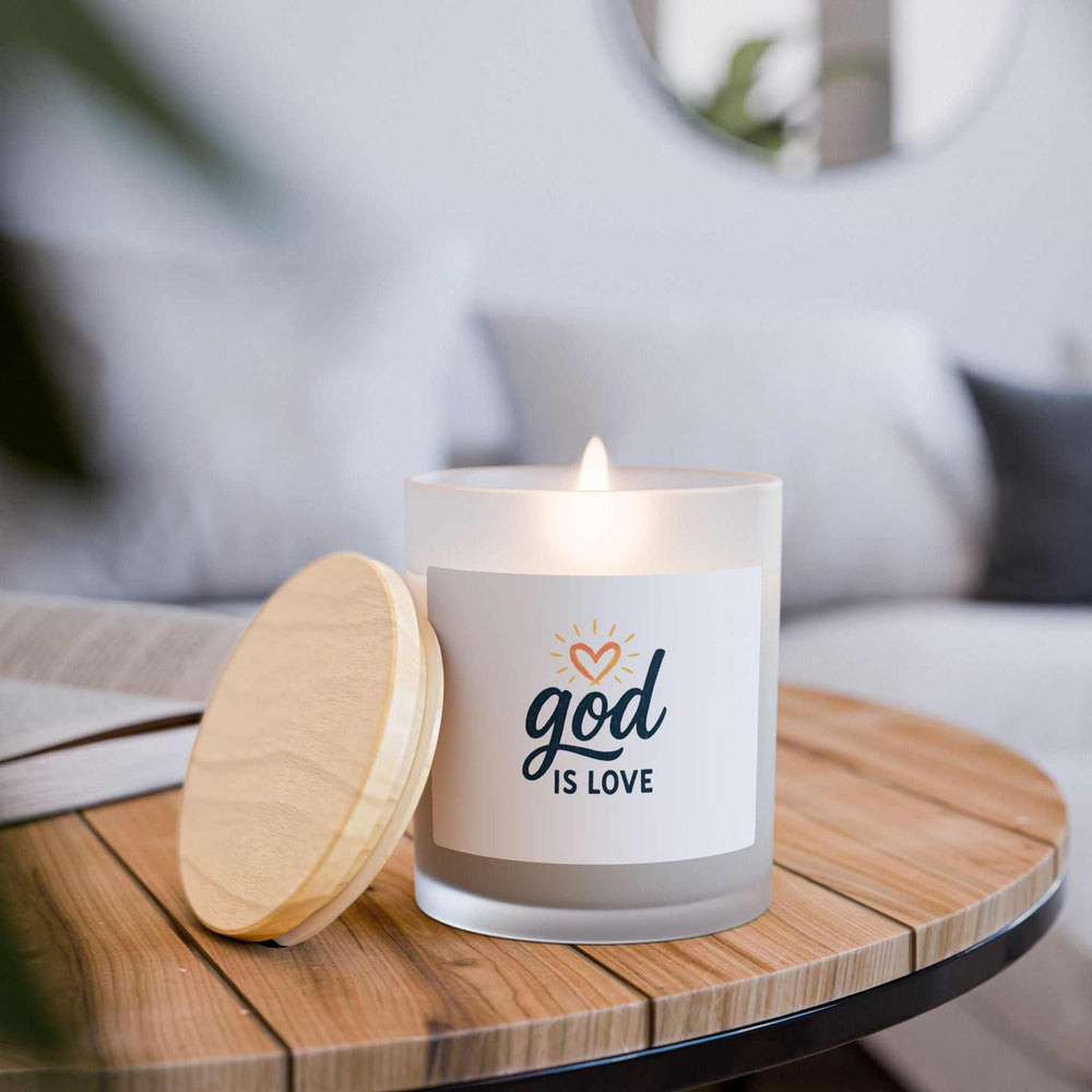 God Is Love Glass Candle in frosted glass with wooden lid