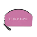 Pink "God Is Love" makeup bag with detachable black wrist strap and curved zipper design