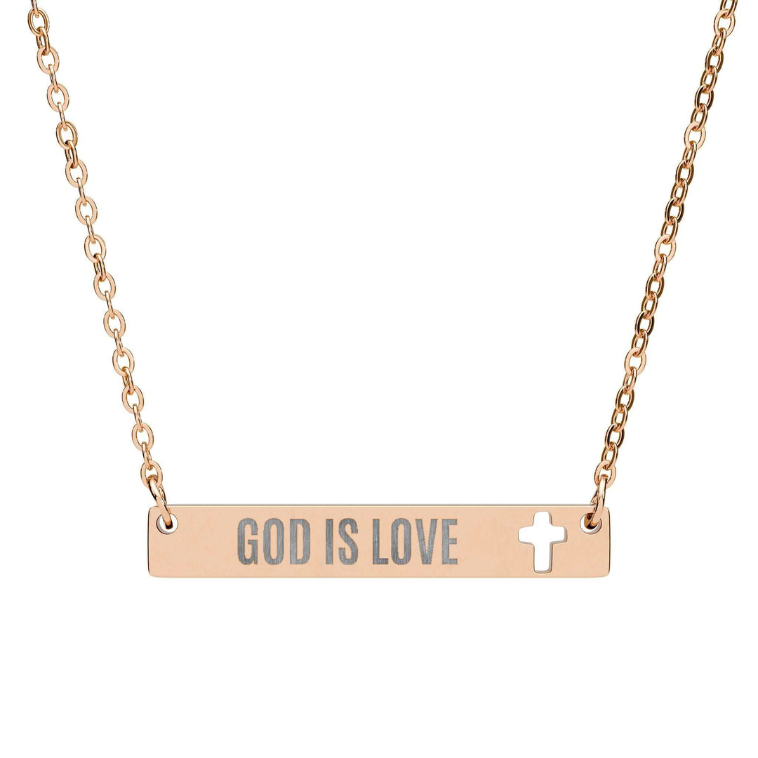 God Is Love Necklace with cutout cross bar in rose gold stainless steel