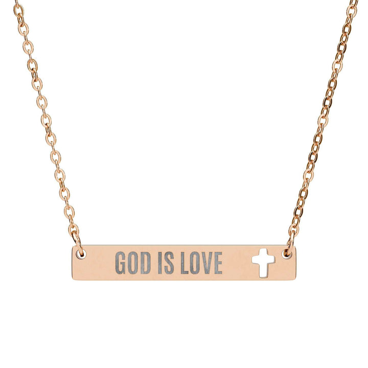God Is Love Necklace with cutout cross bar in rose gold stainless steel