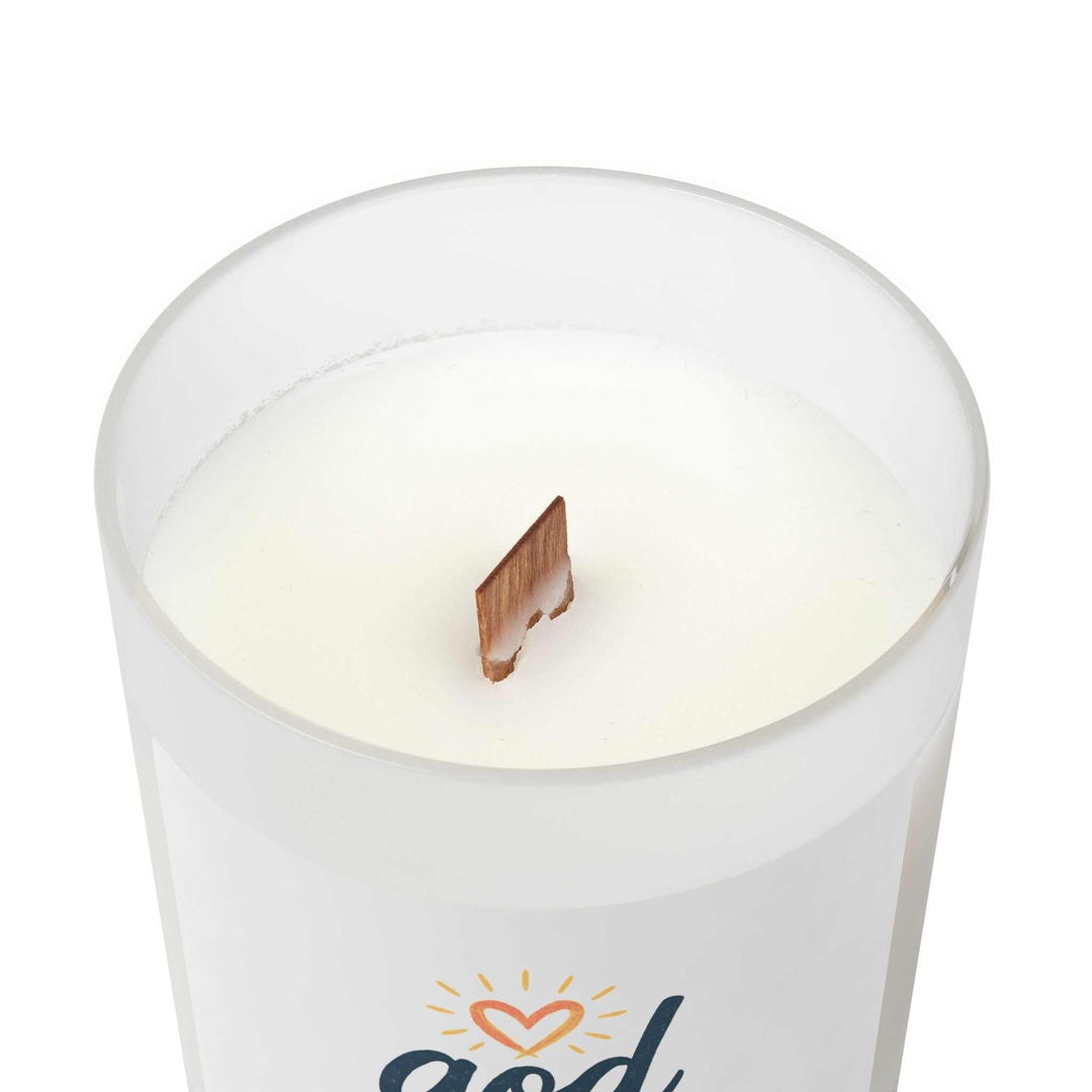God Is Love glass candle with wooden wick in frosted glass vessel