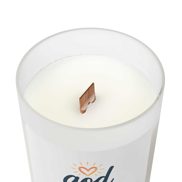 God Is Love glass candle with wooden wick in frosted glass vessel
