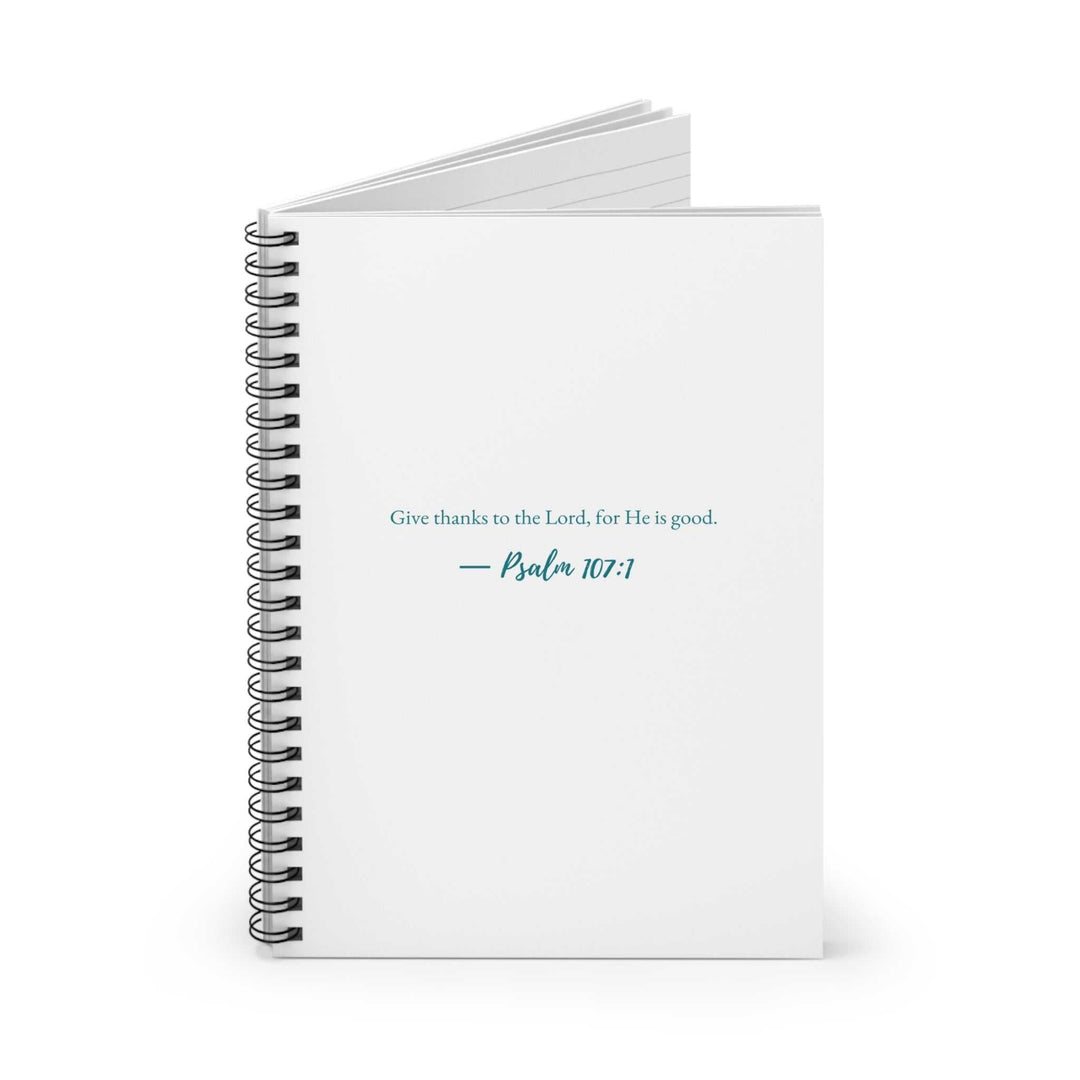 Spiral-bound "God Is Good" notebook with Psalm 107:1 quote on white cover, 118 lined pages, 6x8 inch size