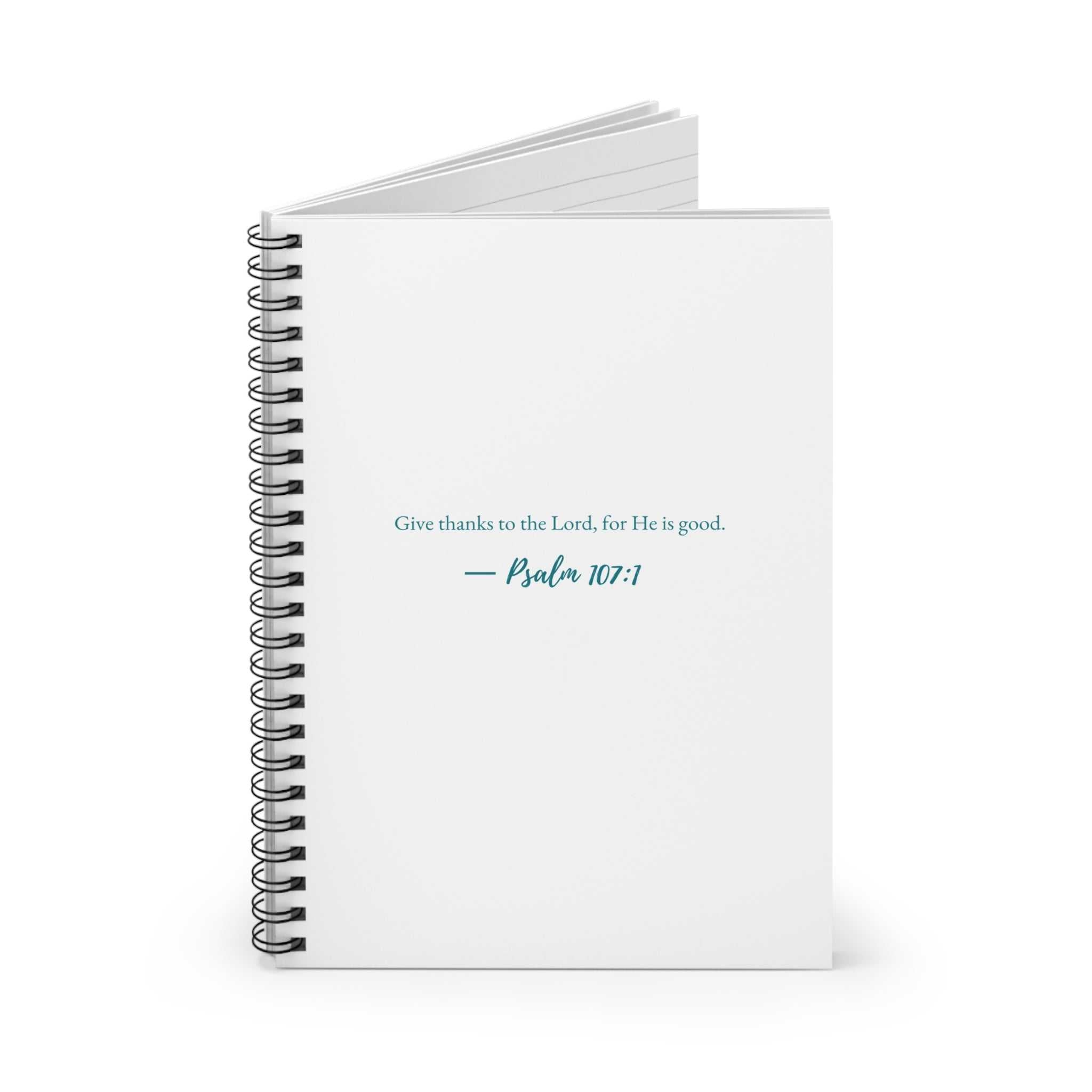 God Is Good spiral notebook with Psalm 107:1 cover, 118 ruled pages, 6x8 inches, durable paper, metal binding
