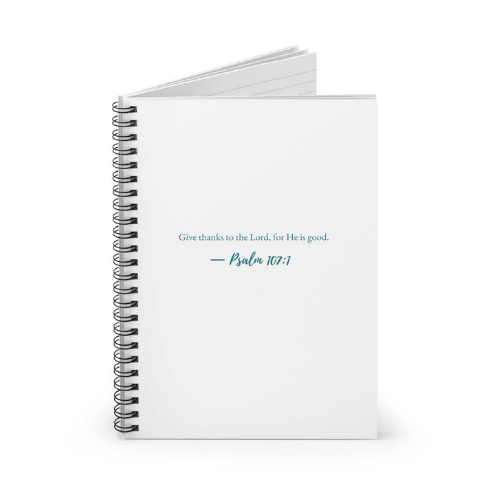Spiral-bound "God Is Good" notebook with Psalm 107:1 quote on white cover, 118 lined pages, 6x8 inch size