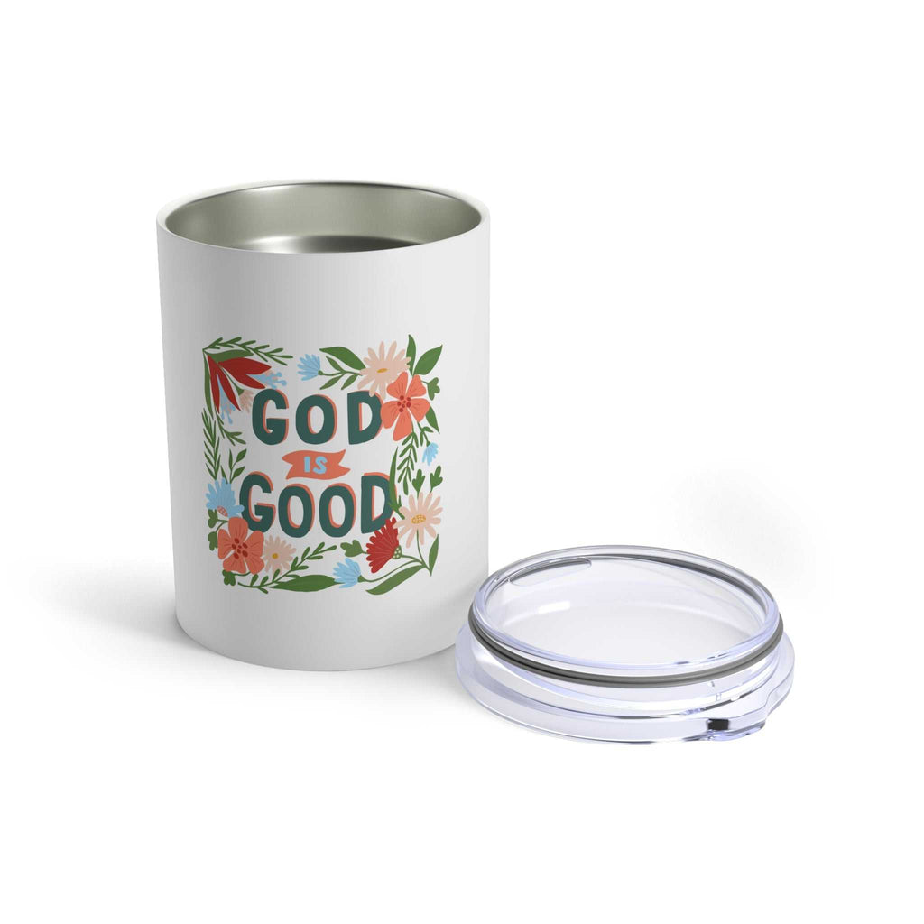 God is Good Tumbler with floral design and clear vacuum-insulated lid