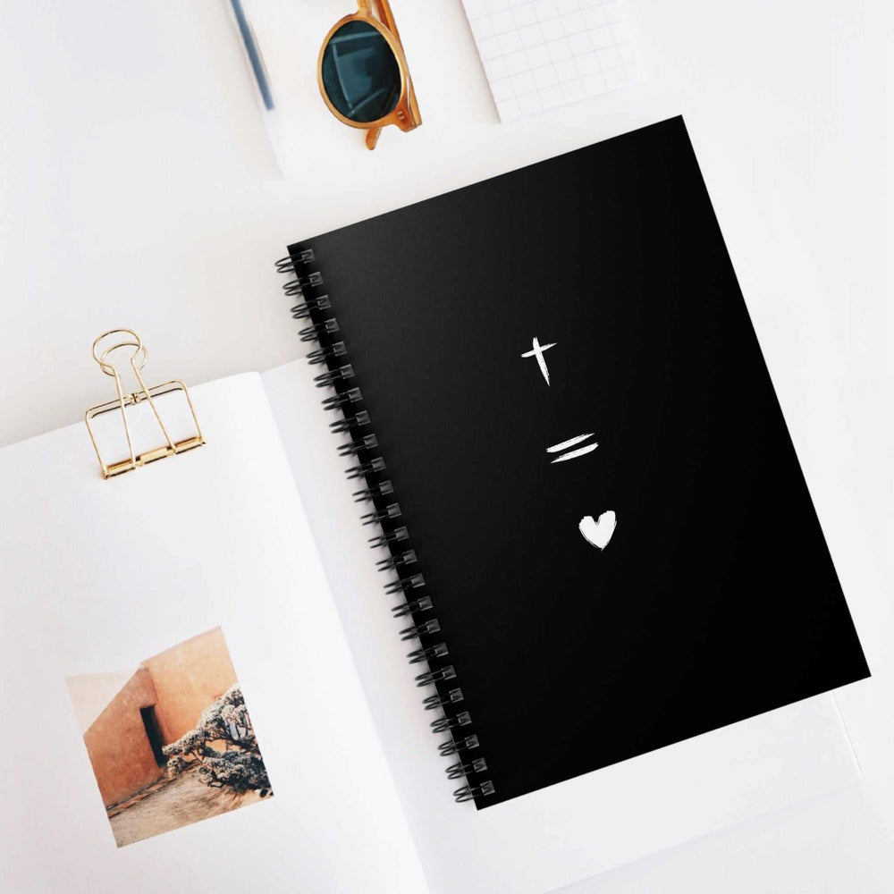 Black spiral notebook with "God is Love" symbols on the cover, 6x8 inches, durable paper, ideal for journaling and notes