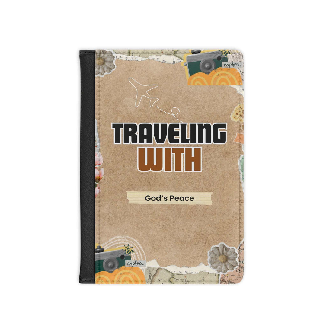 God’s Peace Passport Cover in black PU faux leather with travel-themed design and RFID protection