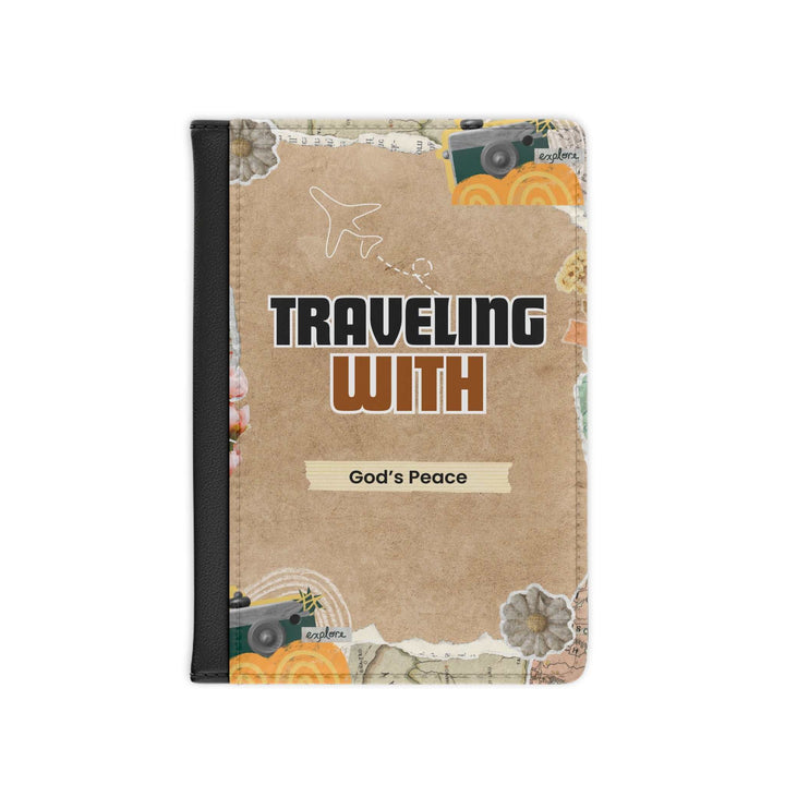 God’s Peace Passport Cover in black PU faux leather with travel-themed design and RFID protection