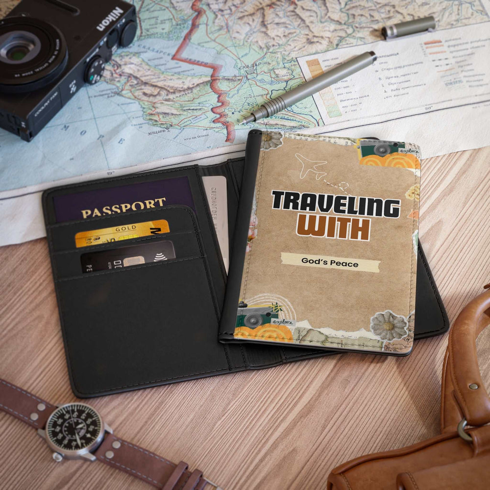 God’s Peace Passport Cover with RFID blocking, card pockets, and inspirational travel design in black PU faux leather