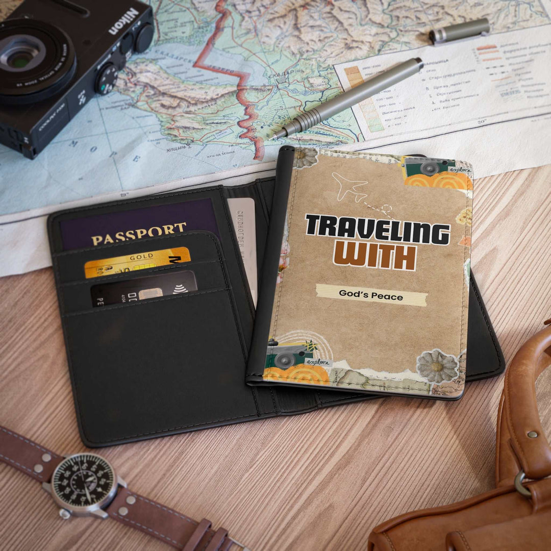 God’s Peace Passport Cover with RFID blocking, card pockets, and inspirational travel design in black PU faux leather