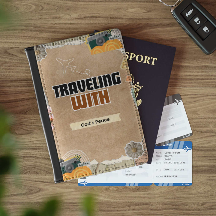 God’s Peace Passport Cover in black faux leather with inspirational travel design and RFID blocking protection