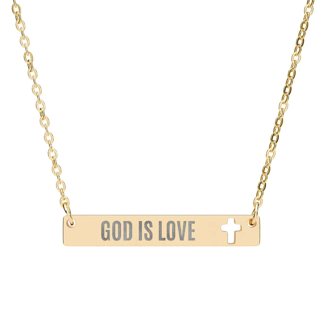 Gold God Is Love Necklace with cutout cross pendant