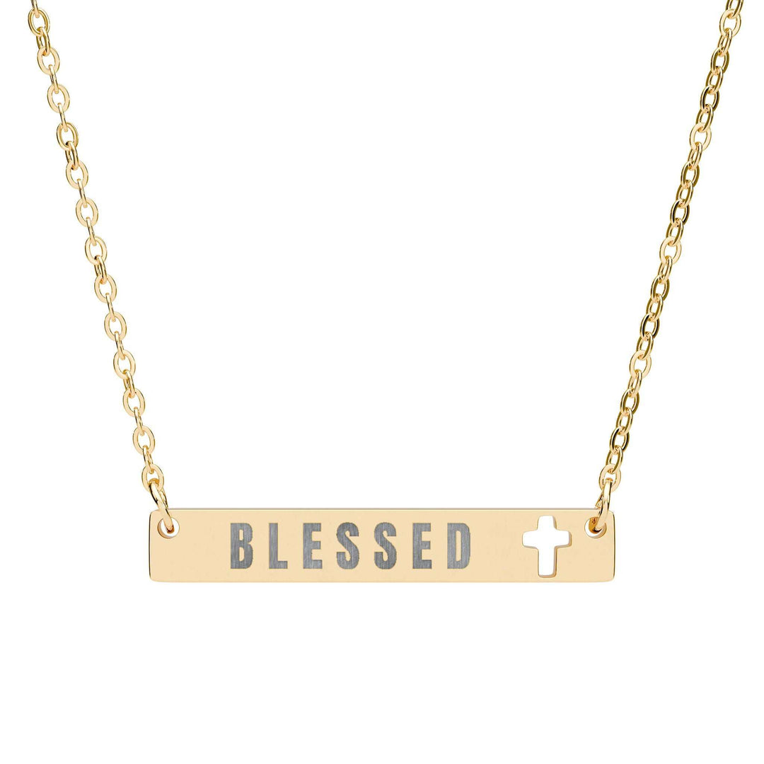 Gold stainless steel blessed necklace with cutout cross bar pendant