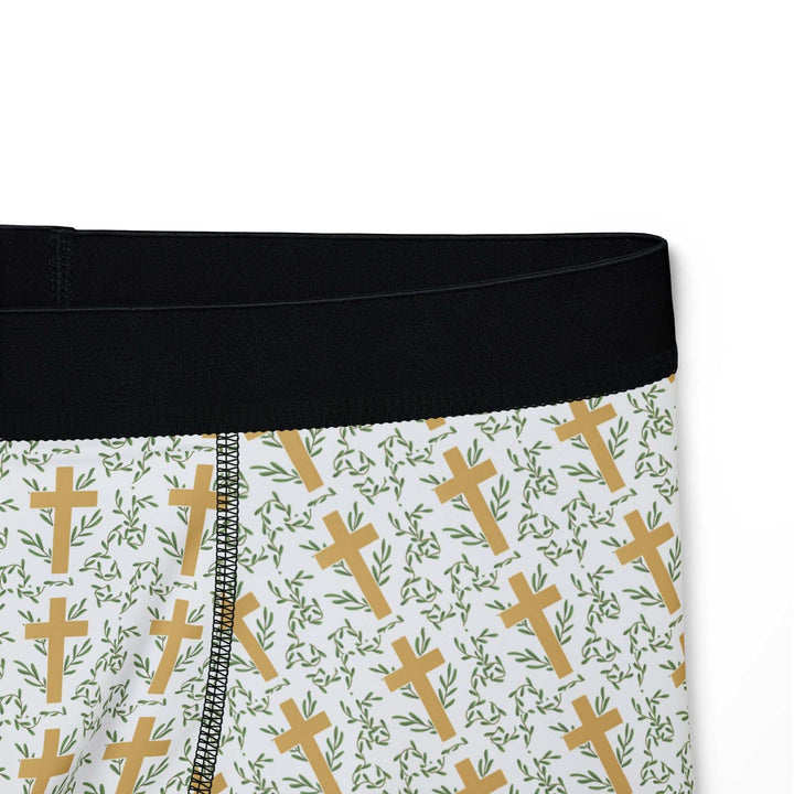 Golden Cross men's boxers with black waistband and gold cross pattern