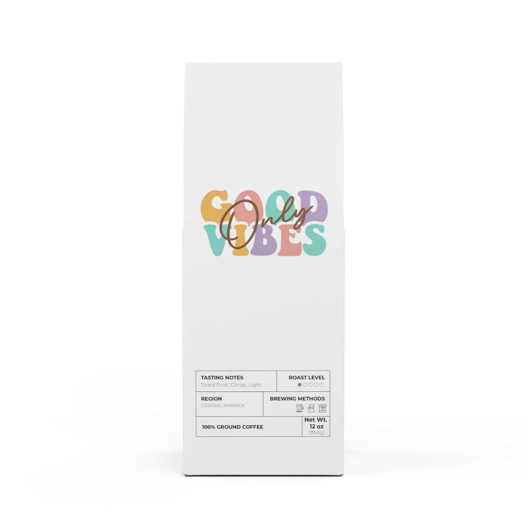 Good Vibes Coffee light roast 12oz bag with dried fruit and citrus notes