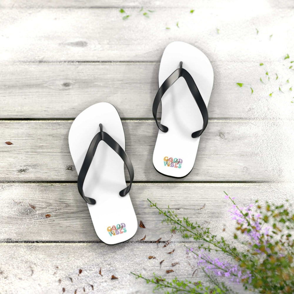 Good Vibes Flip Flops white with black straps and colorful logo