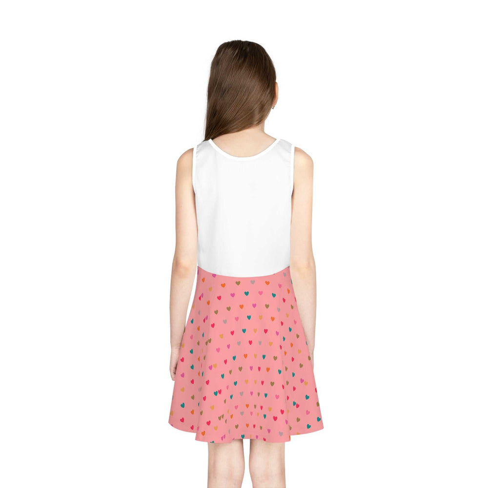 Back view of sleeveless sundress with white top and pink A-line skirt decorated with small colorful hearts