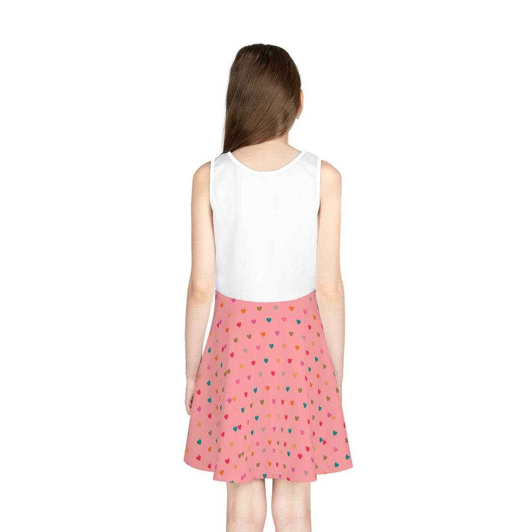 Back view of sleeveless sundress with white top and pink A-line skirt decorated with small colorful hearts