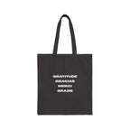 Black cotton canvas tote bag with gratitude text in multiple languages, durable and eco-friendly design