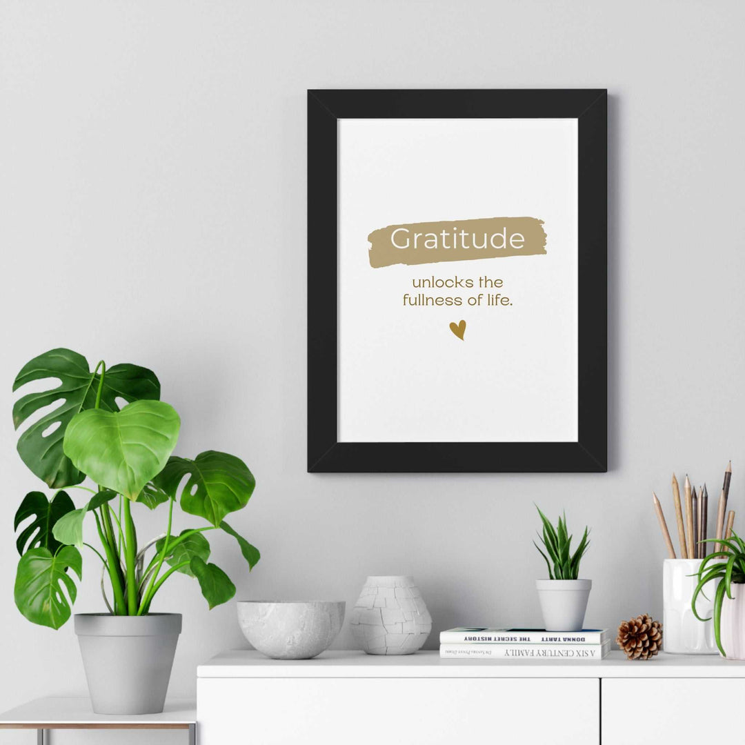 Framed gratitude poster with inspirational quote on calming matte paper in modern room setting