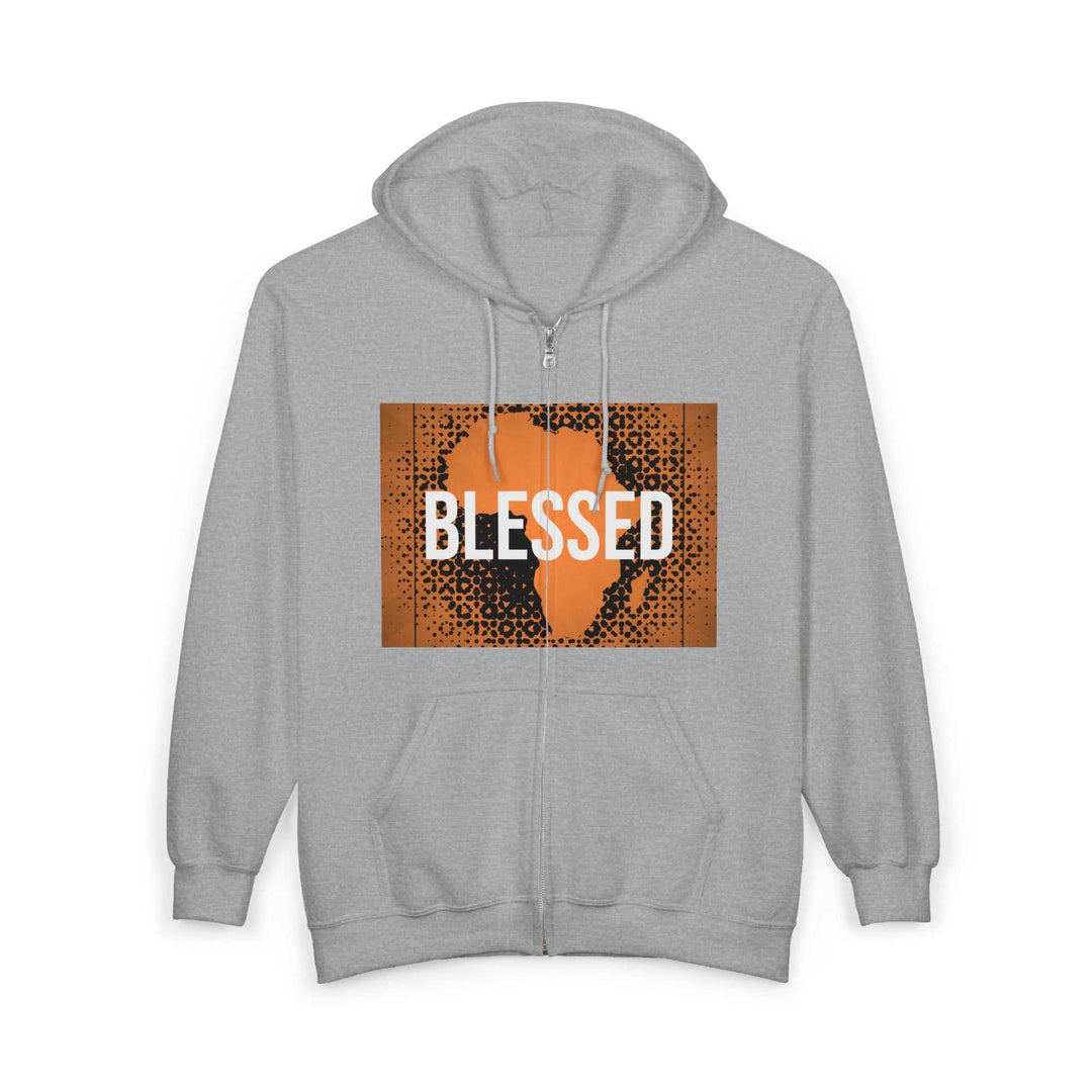 Gray Africa Zip Hooded Sweatshirt with "BLESSED" text and African map