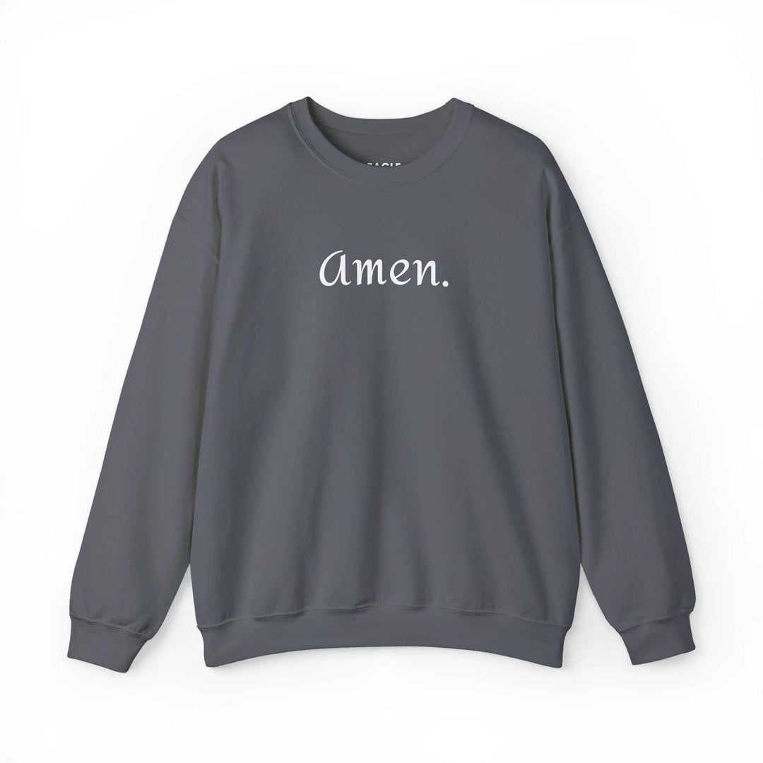 Gray Amen sweatshirt with white text, classic fit, made of cotton and polyester blend
