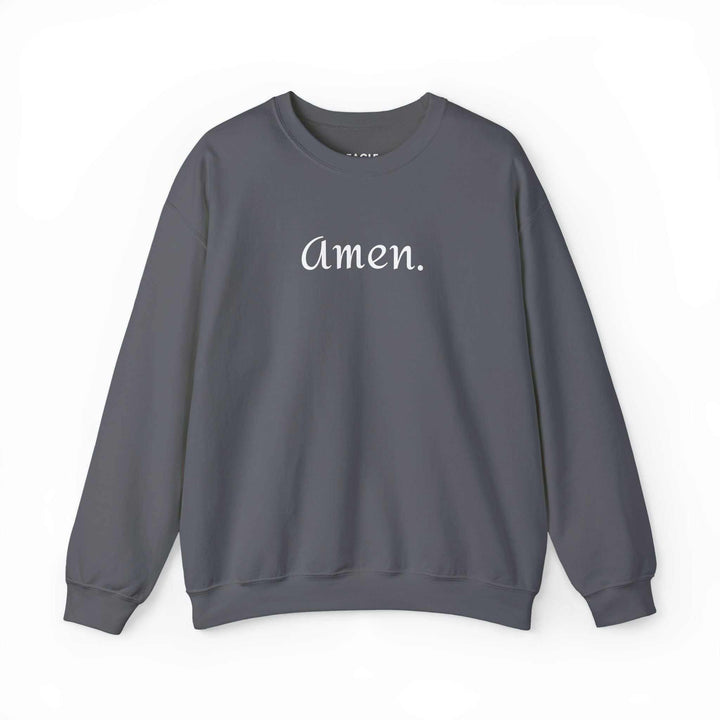 Gray Amen sweatshirt with white text, classic fit, made of cotton and polyester blend