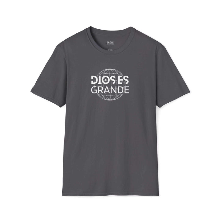 Gray Dios Es Grande T-shirt with white faith-inspired text and globe design, made of 100% cotton with classic fit and tear-away label.