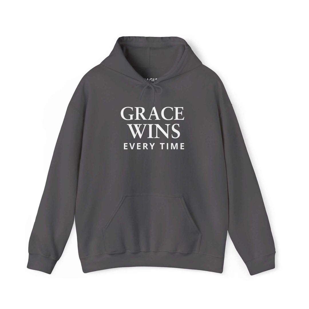 Gray "Grace Wins Every Time" hoodie with front pocket and drawstring hood, made of cotton-polyester blend.