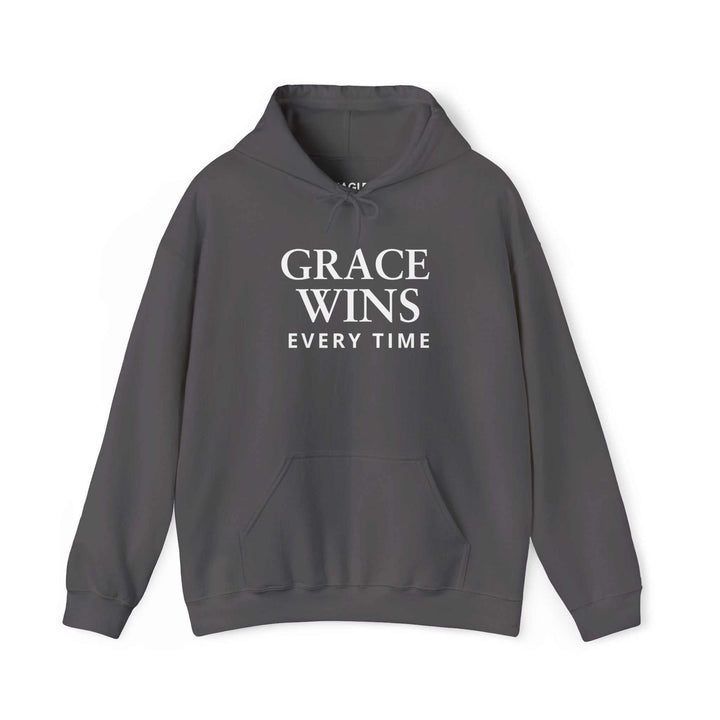 Gray "Grace Wins Every Time" hoodie with front pocket and drawstring hood, made of cotton-polyester blend.