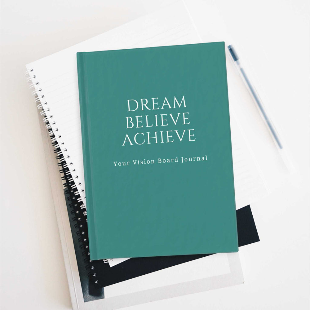 Green Vision Board Journal with "Dream Believe Achieve" text on cover, 5x7 inches, 128 blank pages for goal setting and creativity.