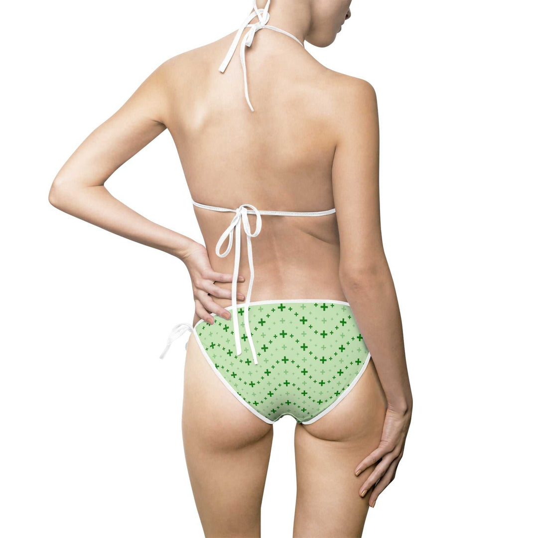 Green cross pattern bikini swimsuit back view with elastic straps