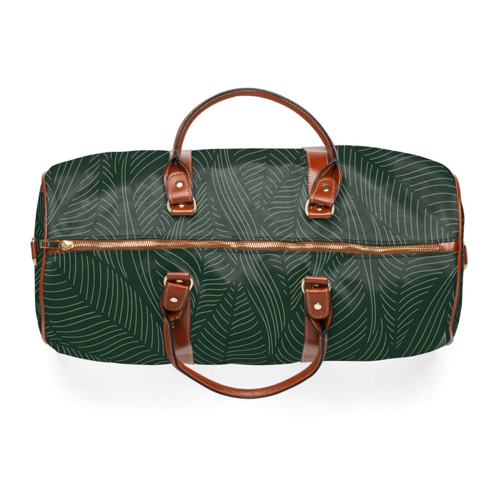 Green tropical travel bag with brown PU leather handles and gold zipper
