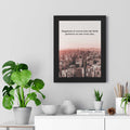 Framed happiness poster with cityscape and inspirational quote above modern shelf with plants and decor